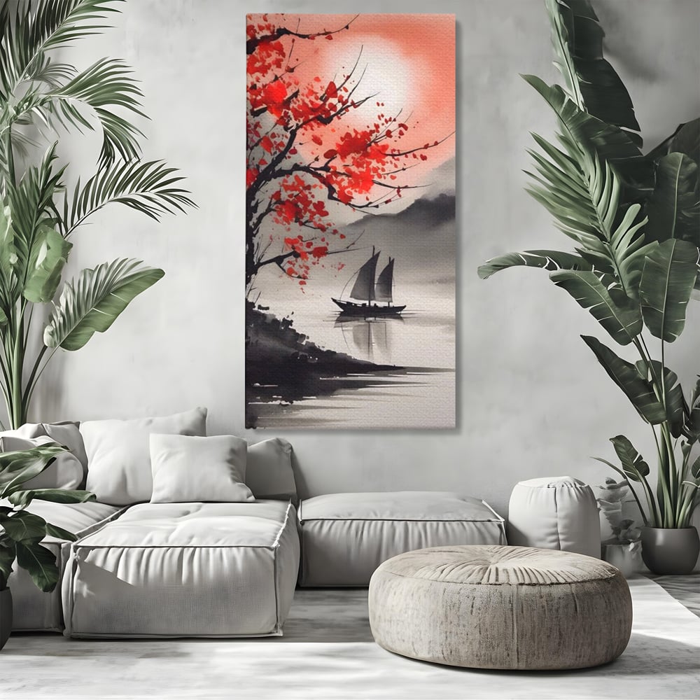 Tablou canvas cu tablou canvas cu barca si copac rosu, fara rama, pe sasiu de lemn, pe perete intr-un living